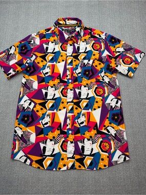 Just Attitude Men's Geisha Kabuki Geometric Graphic Aloha Button Up Shirt